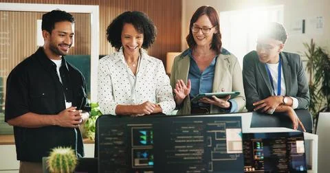 Developer, smile and computer with business people in office for database, .. Stock Photos