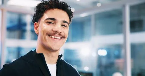Developer, smile and portrait of man in office for software system or website Stockfoto's