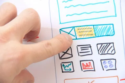 Developer software designer working with design application. Ux Ui app struct Stock Photos