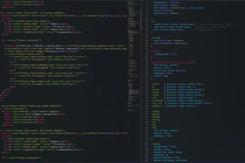 Developer software source code on monitor screen. writing script of software 库存照片