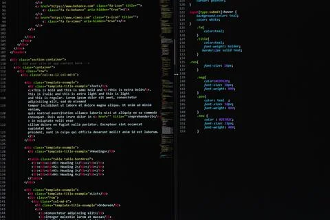 Developer software source code on monitor screen. writing script of software 库存照片