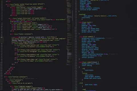 Developer software source code on monitor screen. writing script of software Stock Photos