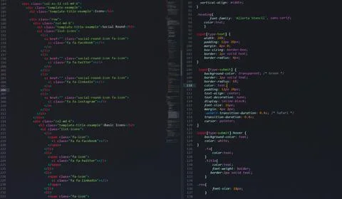 Developer software source code on monitor screen. writing script of software Stock Photos