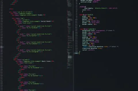 Developer software source code on monitor screen. writing script of software Stock Photos