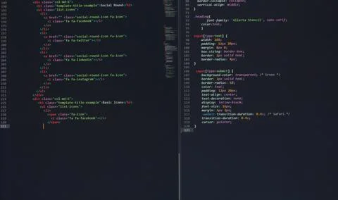 Developer software source code on monitor screen. writing script of software Stock Photos