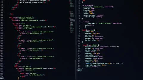 Developer software source code on monitor screen. writing script of software Stock Photos