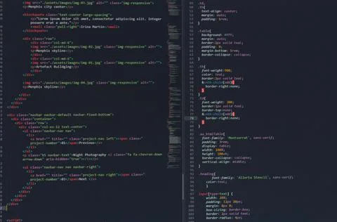 Developer software source code on monitor screen. writing script of software 写真素材