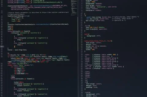 Developer software source code on monitor screen. writing script of software Stock Photos