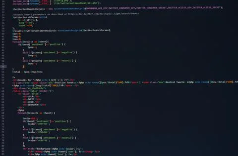 Developer software source code on monitor screen. writing script of software 库存照片