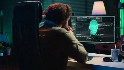 Developer speaking with awaken AI gaining consciousness on PC Stock Footage 266951931