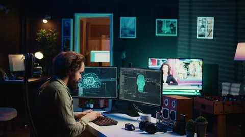 Developer speaking with awaken AI gaining consciousness on PC Stock Footage 267046386