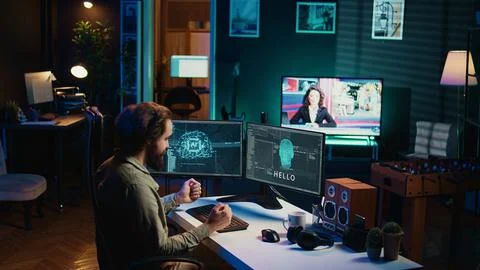 Developer speaking with awaken AI gaining consciousness on PC 写真素材