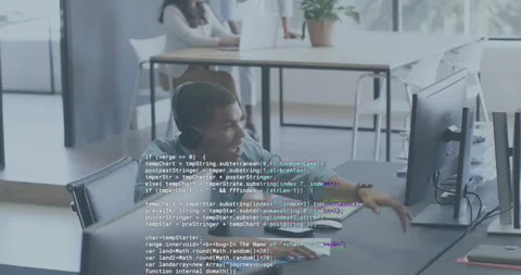 Developer speaking into mic causing glitch overlay, pointing screen and calling Stock Footage 317258631