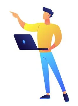 Developer standing with laptop and pointing with finger vector illustration. Stock Illustration