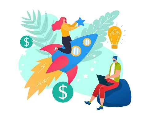 Developer start up, woman character sitting rocket launch, programmer work 스톡 일러스트