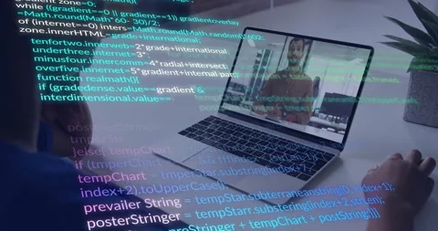 Developer starting remote call and typing while following coding talk with code Stock Footage 311916228