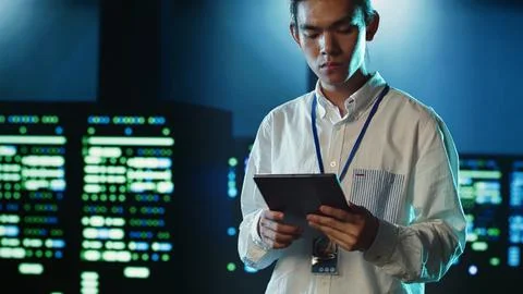 Developer strolling through data center 写真素材