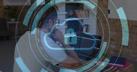 Developer studying code at desk glowing dots starting circular secure interface Stock Footage 317265018