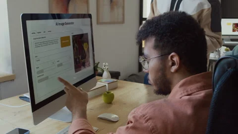 Developer Studying Interface of AI Image Generation Software during Meeting Stock Footage 293170307