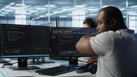 Developer suffering from cold, coughing while typing code on PC in data center 스톡 사진