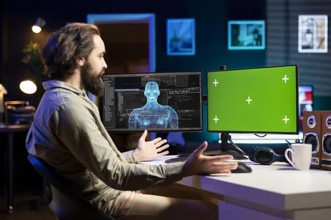 Developer surprised after seeing AI gain humanoid form on green screen monitor Stock Photos