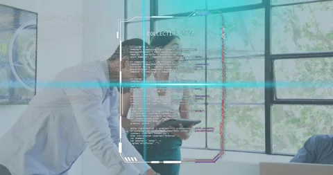 Developer swiping tablet screen, activating holographic code interface for Vídeos de archivo 317330080