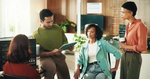 Developer, talking and tablet with business people in office for data syste.. Stock Photos