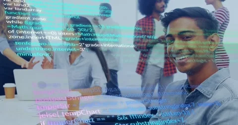 Developer tapping device and growing code overlay across meeting while demoing Stock Footage 333963195