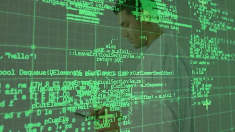 Developer tapping smartphone causing code grid swirling and reorganizing Stock Footage 310283028