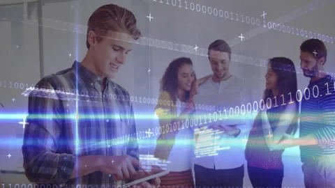 Developer tapping tablet generating code overlay in IT meeting with team working Stock Footage 312481336