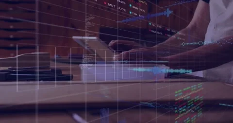 Developer tapping tablet initiating chart overlays growing and reviewing data Stock Footage 317275503