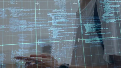 Developer tapping wristwatch activating floating code panels on hologram grid, Stock Footage 313493852
