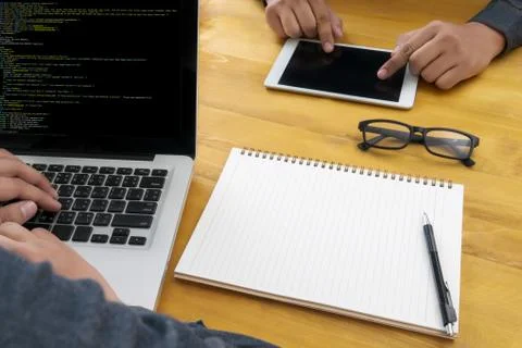 "Developer Team Working Laptop Computer Mobile Application Softwareand Web .. Stockfoto's