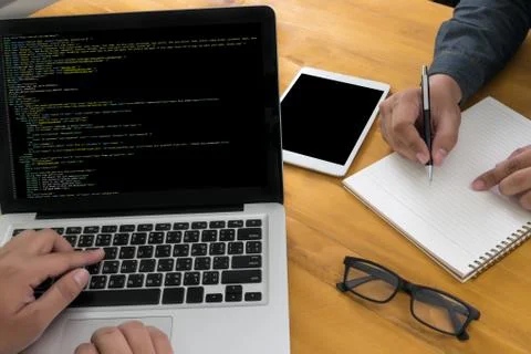 "Developer Team Working Laptop Computer Mobile Application Softwareand Web .. Stock Photos