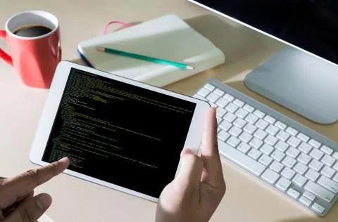 Developer Team Working Laptop Computer Mobile Application Softwareand Web Des Stockfoto's