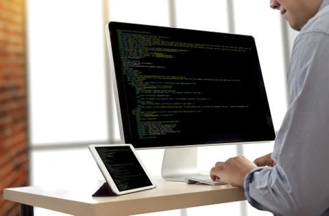 Developer Team Working Laptop Computer Mobile Application Softwareand Web Des Stockfoto's