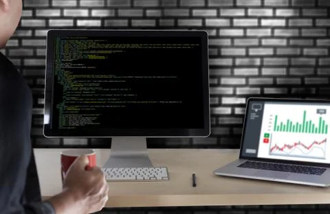Developer Team Working Laptop Computer Mobile Application Softwareand Web Des 스톡 사진