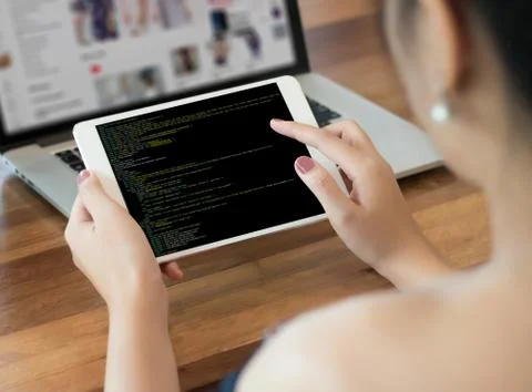 Developer Team Working Laptop Computer Mobile Application Softwareand Web Des 스톡 사진