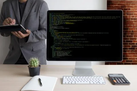 Developer Team Working Laptop Computer Mobile Application Softwareand Web Des 스톡 사진