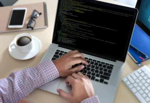 Developer Team Working Laptop Computer Mobile Application Softwareand Web Des Stockfoto's