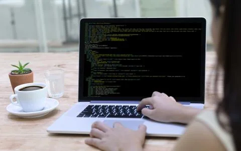 Developer Team Working Laptop Computer Mobile Application Softwareand Web Des Stockfoto's