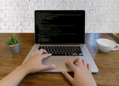 Developer Team Working Laptop Computer Mobile Application Softwareand Web Des Stockfoto's