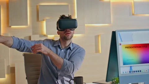 Developer testing virtual reality simulator wearing glasses at workplace closeup Stock Footage 268337230