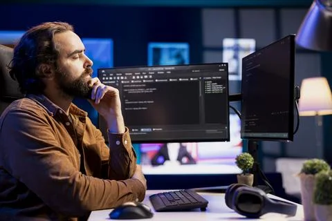 Developer thinking of solutions after finding errors while inspecting code 스톡 사진