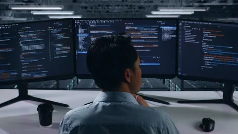 Developer Thinking Then Raising Index Finger While Write Code In Data Center Stock Footage 270227395