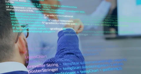 Developer tracking scrolling transparent JavaScript code overlay as colleague Stock Footage 311216366