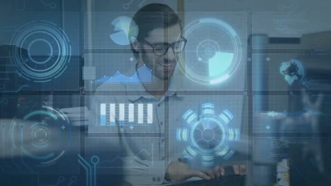 Developer typing after live data update, HUD bar charts and gauges floating, Stock Footage 335282716