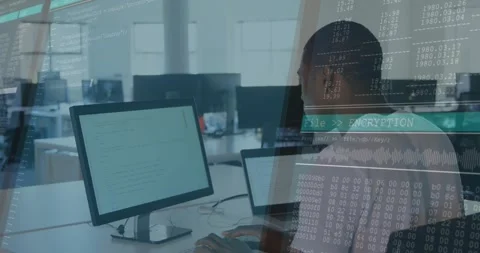 Developer typing and pressing Enter, starting ENCRYPTION overlay over dual Stock Footage 331820552