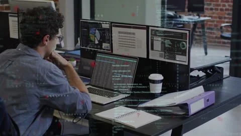 Developer typing briefly on laptop, initiating HUD overlay and analyzing code, 스톡 동영상 335282063