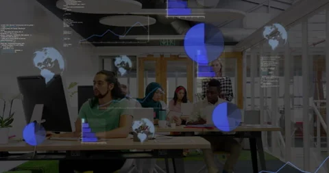 Developer typing code initiating pie and bar graphs appearing over desks, Stock Footage 309895440